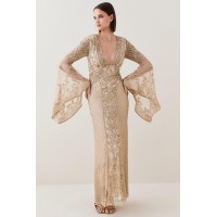 Karen Millen Embellished Kimono Sleeve Beaded Maxi Dress bkk07532 gold