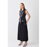 Karen Millen Petite Sleeveless Leather Wrap Pleat Skirt Midi Dress bkk10138 black